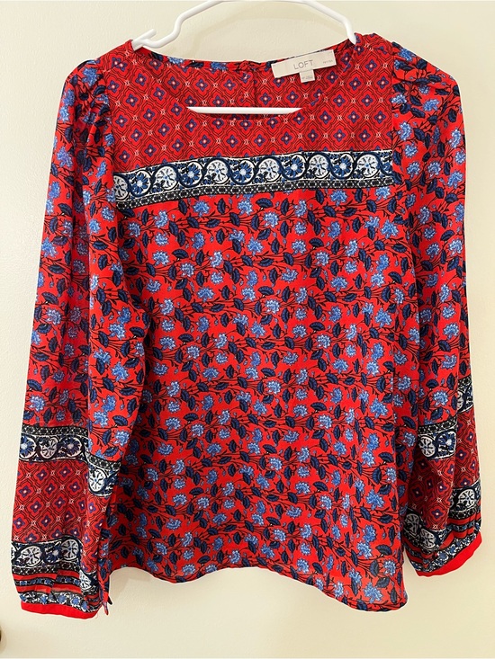 LOFT Tops - LOFT Red and Blue Floral Long-Sleeve Blouse